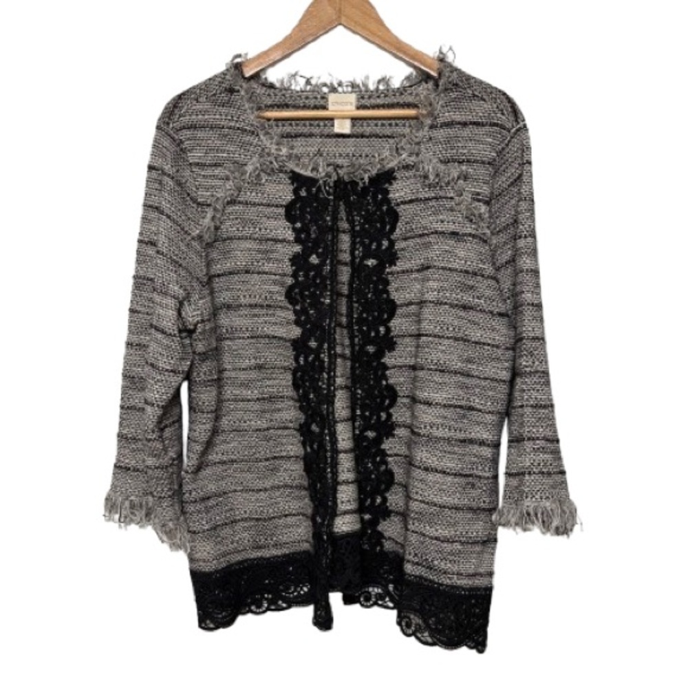 Chicos Black White Tweed Crochet Lace Cardigan Size 3 Large